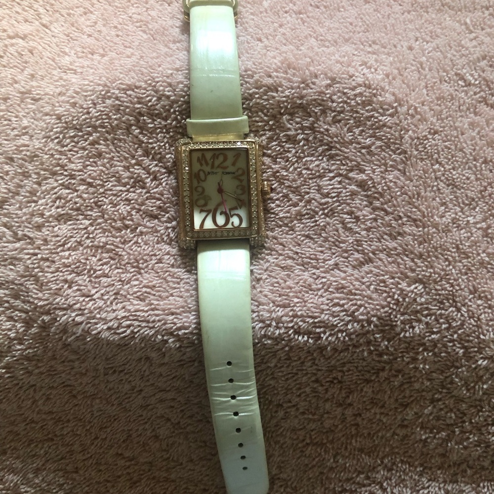 Betsey Johnson Gold-Tone Rectangular Watch with Cream Strap